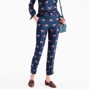 J. Crew Silk Easy Pant Trouser Size 12 Navy Green Roaming Tiger Print EUC